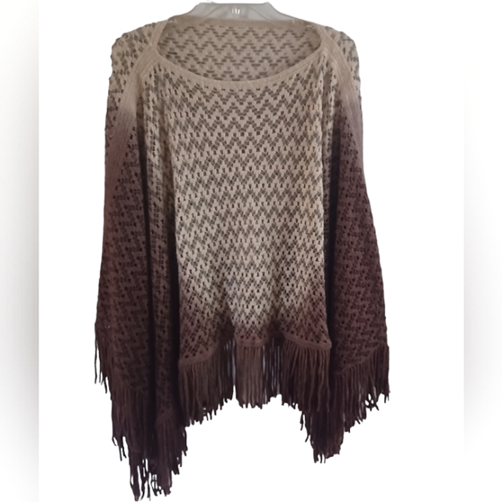 Openweave knitted ombre brown/tan fringed poncho  OSFM Hippie